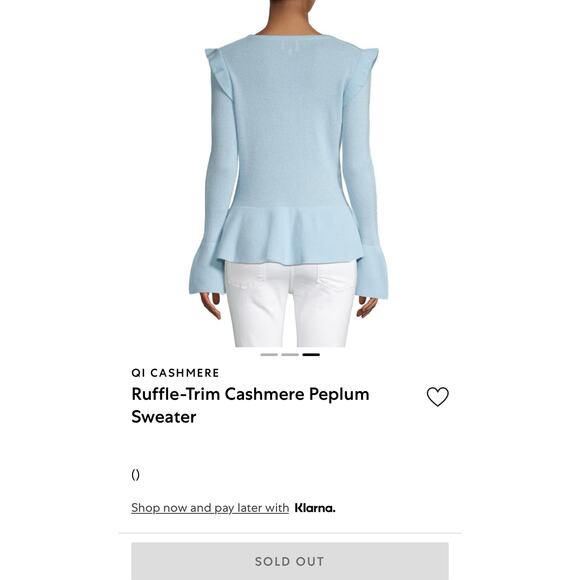 QI CASHMERE SAKS FIFTH AVENUE Lt Blue Ruffle Trim Bell Sleeve Peplum Sweater M - Picture 8 of 8